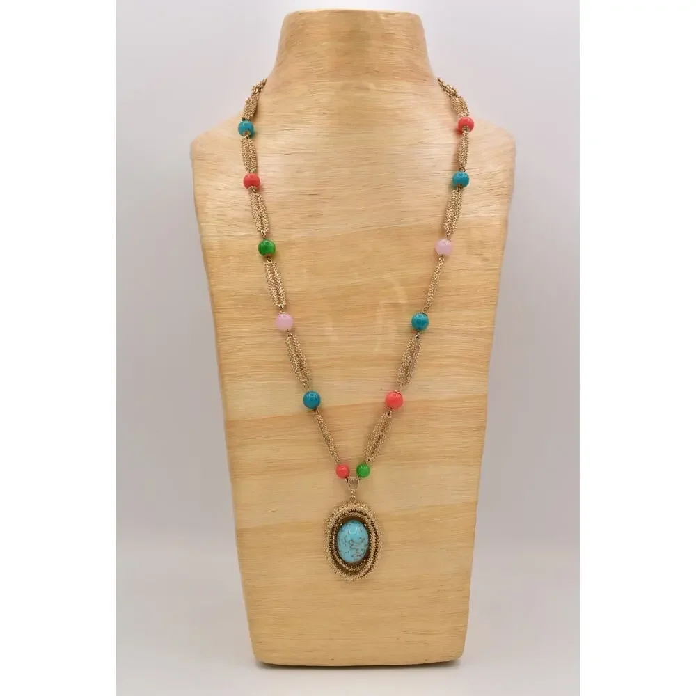 Vintage Cabochon Pendant Necklace Beaded Multi-Color Brushed Gold 1970s BinBM